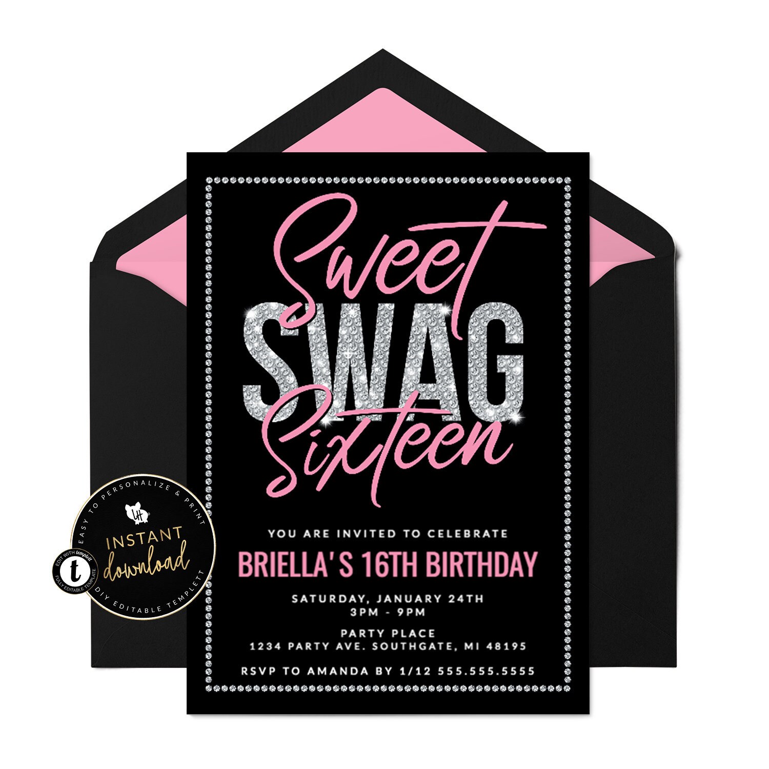 Sweet Swag Sixteen Invitation Swag 16 Party Sweet 16 Bling Etsy