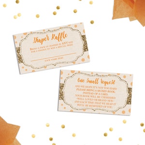 May include: Two peach and gold glitter baby shower cards. The first card says "Diaper Raffle" and asks guests to bring a pack of diapers for a chance to win a prize. The second card says "One Small Request" and asks guests to bring a signed book instead of a card.