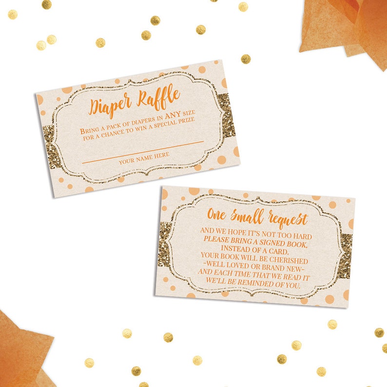 May include: Two peach and gold glitter baby shower cards. The first card says "Diaper Raffle" and asks guests to bring a pack of diapers for a chance to win a prize. The second card says "One Small Request" and asks guests to bring a signed book instead of a card.