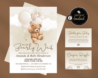 Teddy Bear Baby Shower Invitation Suite, We can Bearly Wait, Bearly Wait Baby Shower Invitation, Editable Baby Shower Invitation Suite