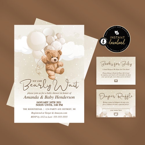 EDITABLE Bear Baby Shower Invitation Set We Can Bearly Wait Etsy