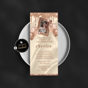 Rose Gold Menu Card with Photo, Glitter Drip Menu, Rose Gold Birthday, Rose Gold Menu, Birthday Menu Card, Instant Download, Menu Templett