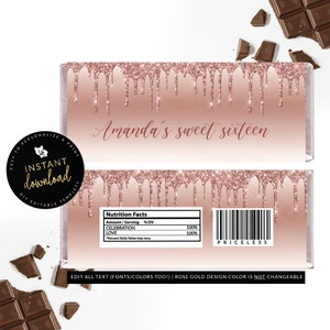 Rose Gold Drip Candy Bar Label, Rose Gold Candy Bar Label, Rose Gold Party, Printable Candy Barr Labels, Instant Self Edit Templett