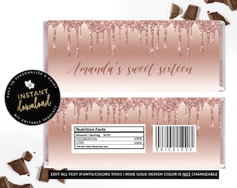 Rose Gold Drip Candy Bar Label, Rose Gold Candy Bar Label, Rose Gold Party, Printable Candy Barr Labels, Instant Self Edit Templett
