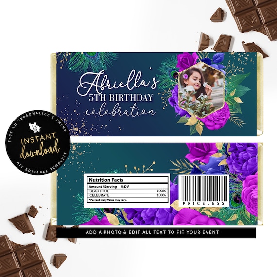 Peacock Candy Bar Label, Floral and Feather Chocolate Label, Peacock Printable, Birthday Favors, Peacock Event Favor, Candy Digital Templett