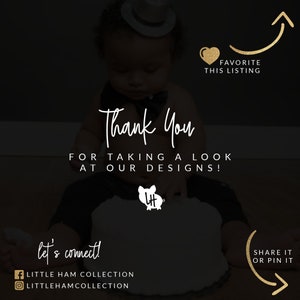 May include: Thank You for taking a look at our designs! A cute baby wearing a black bow tie and a hat is sitting on a white surface. The image has a gold heart with the text "Favorite This Listing" and a gold arrow pointing upwards. The image also has a gold arrow pointing downwards with the text "Share it or Pin it".