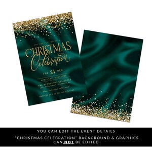 May include: A green and gold Christmas party invitation with gold glitter and text that reads "You are invited to a Christmas Celebration, Fri 24 Dec, 6pm until midnight, The Henderson Residence, 1231 Pink Drive, Detroit, MI, Dinner and cocktails will be served, RSVP by Jan 10 to 555-555-5555".
