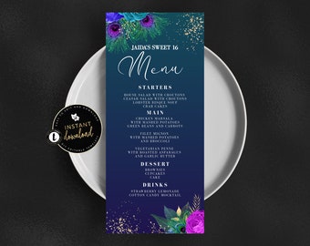 Peacock Menu Card, Peacock Event Menu, Floral and Feathers Menu, Peacock Party, Instant Download, Peacock Self Edit Digital Templett