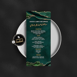 Cardápio verde esmeralda e dourado, Cardápio em ágata verde e dourada, Cardápio para eventos em mármore verde, Download instantâneo do cardápio, Template digital autoeditado
