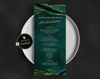 Emerald Green and Gold Menu Card, Green and Gold Agate Menu, Green Marble Event Menu, Menu Card Instant Download, Self Edit Digital Templett