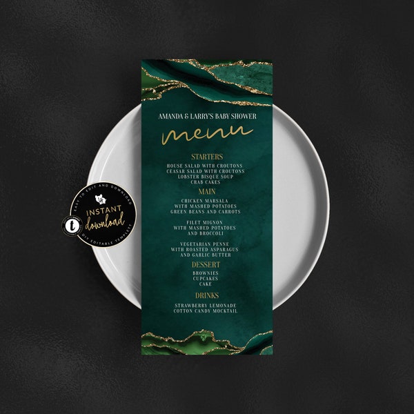 Emerald Green and Gold Menu Card, Green and Gold Agate Menu, Green Marble Event Menu, Menu Card Instant Download, Self Edit Digital Templett