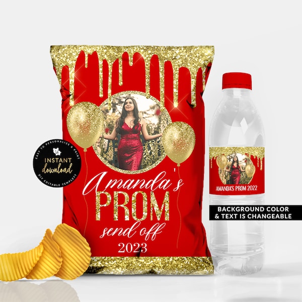 Gold Drip Prom Chip Bag, Dripping Gold Water Label, Prom Printable Bundle, Prom Printables, Editable Download, Prom Chips, Templett