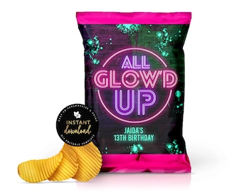 May include: A black chip bag with a neon pink and blue design. The bag says "All Glow'd Up" in neon pink and blue letters. The bag also says "Jaida's 13th Birthday".