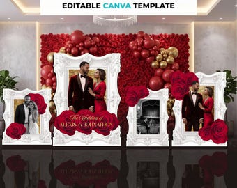 Decoración de cumpleaños personalizada / Cumpleaños floral con rosas rojas / Fondo fotográfico de lujo con marco blanco / Plantilla de Canva para letreros de gran formato (descarga digital)