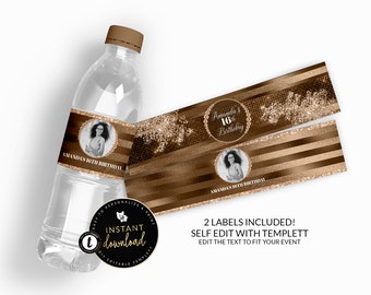 Bronze Water Labels, Bronze Water Bottle Label, Water Label, Bronze Glam Party, Bronze Party, Bronze Birthday, Instant Digital Templett