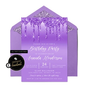 Dripping Purple Invitation, Glitter Slime Invitation, Glitter Drip Invitation, Purple Birthday Invitation, Slime, Purple Templett Invite