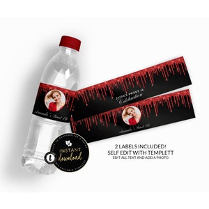 Dripping Red and Black Water Bottle Labels, Red Water Bottle Label, Red and Black Water Labels, Red Birthday, Instant download Templett