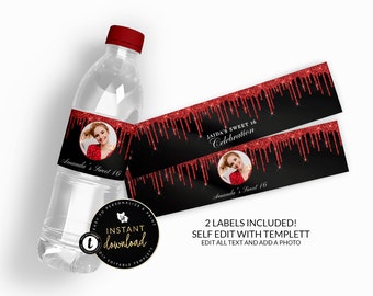 Dripping Red and Black Water Bottle Labels, Red Water Bottle Label, Red and Black Water Labels, Red Birthday, Instant download Templett