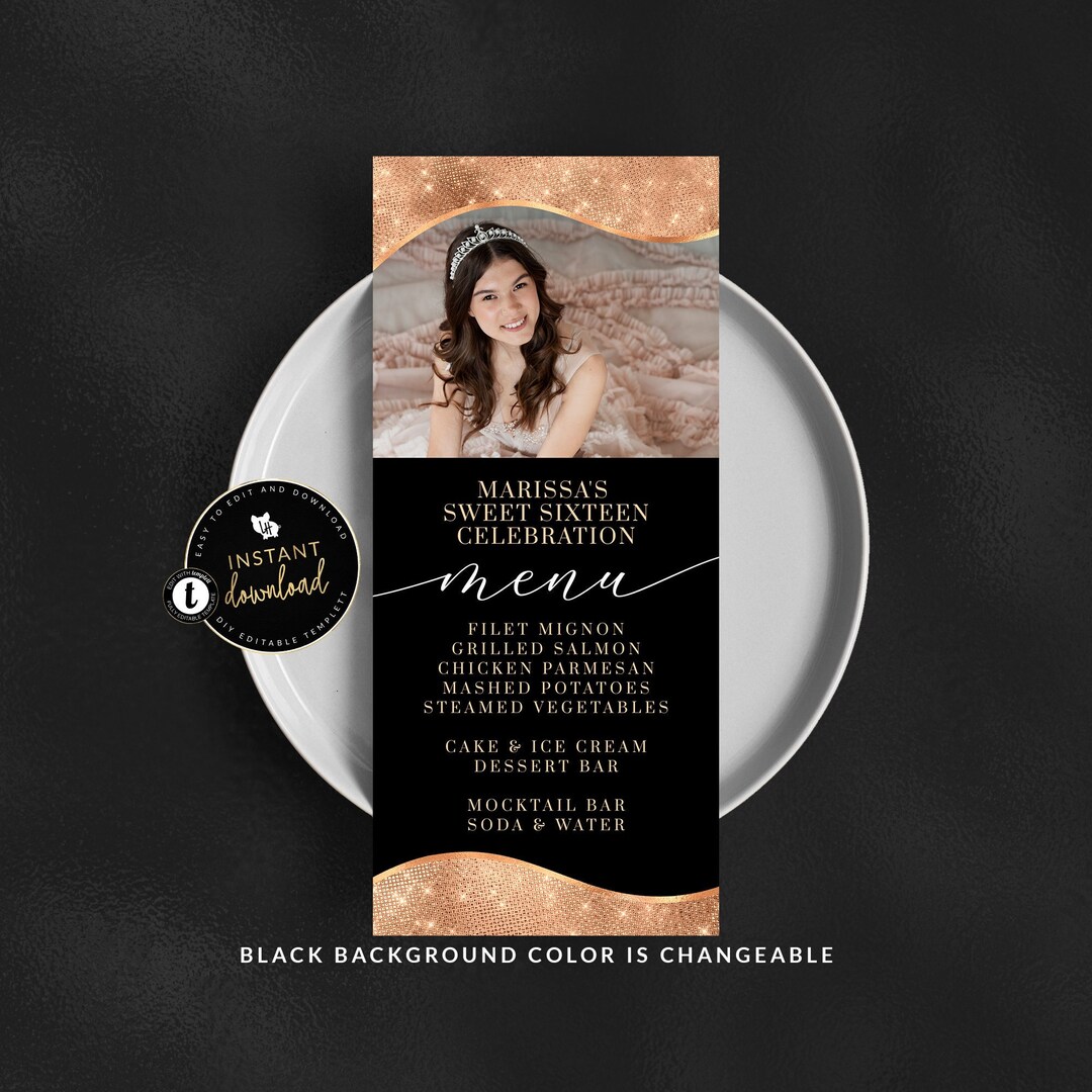 Elegant Rose Gold Menu Card With Photo, Printable Rose Gold Menu, Rose ...