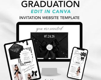 Black and White Bow Graduation Website Template, Editable Canva Grad Party Website, Coquette Bow Grad Invite Site, Canva Graduation Template