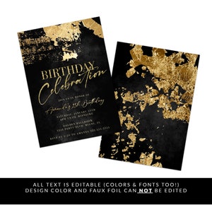 May include: Black and gold birthday invitation with a faux gold foil design. The invitation features the text "Birthday Celebration" in gold lettering and includes details for a 15th birthday party.