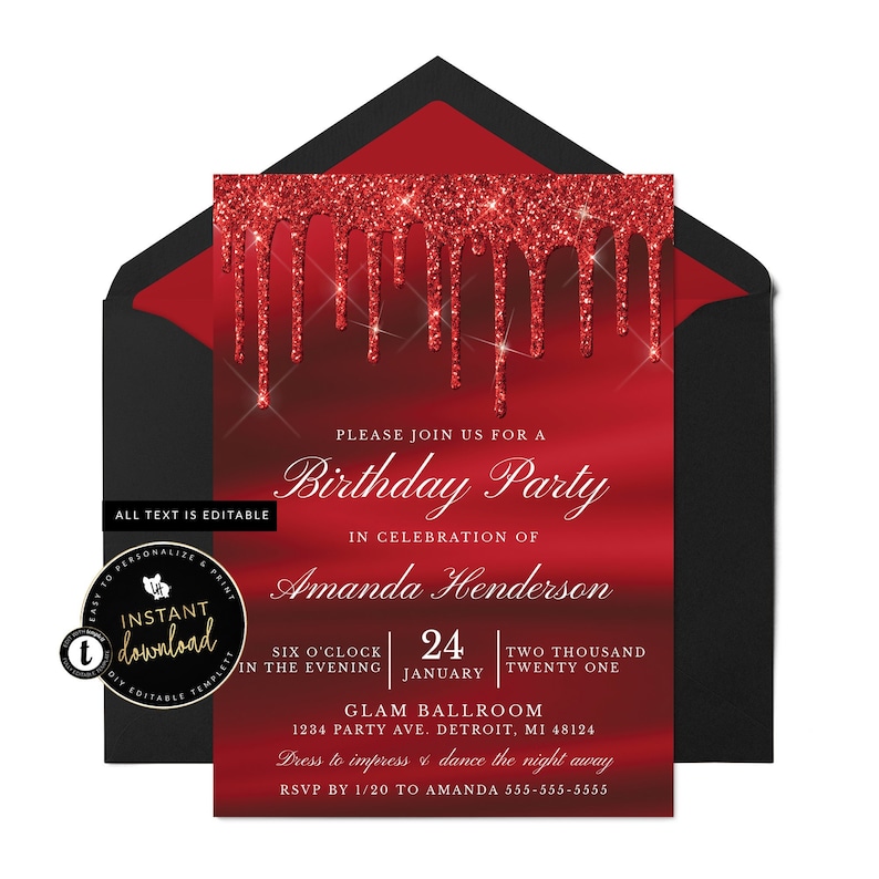 Dripping Red Invitation, Red Glitter Invitation, Glitter Drip Invitation, Red Birthday, Red Party Invitation, Red Birthday, Templett Invite image 1