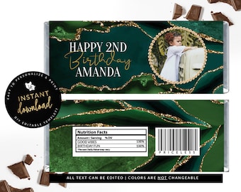 Emerald and Gold Candy Bar Label, Emerald and Gold Candy Cover, Emerald Green Birthday, Agate Birthday, Instant Download Digital Templett