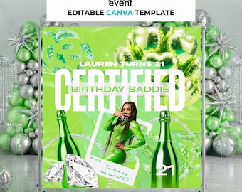 Green Birthday Baddie Backdrop Canva Template | Luxury Money Party Banner (Digital Download)