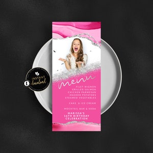 Pink and Silver Photo Menu Card, Pink and Silver Agate Menu, Pink Birthday Menu, Pink and Gold Menu, Instant Self Edit Digital Templett