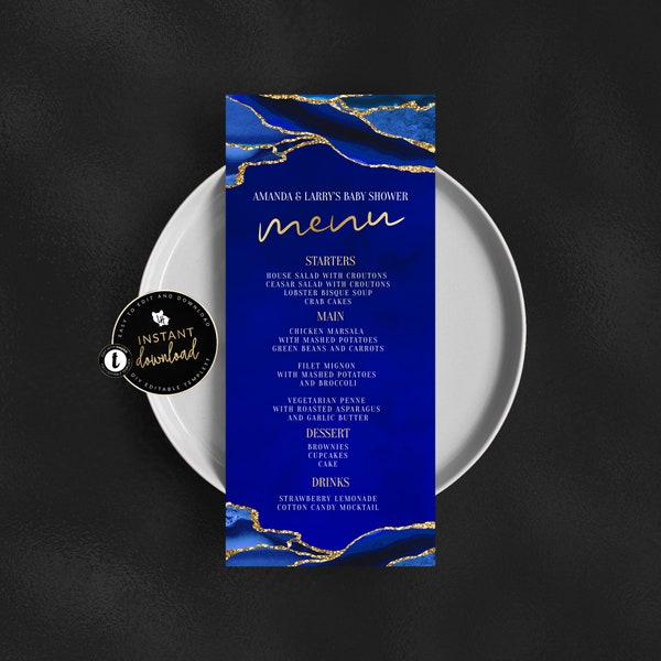 Royal Blue and Gold Menu Card, Blue and Gold Menu, Blue and Gold Event Menu, Instant Download, Blue and Gold Self Edit Digital Templett