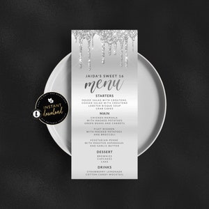 Druipende zilveren menukaart, glitterinfuusmenu, zilveren verjaardag, 4 x 9-menu, zilveren menukaart, glitterinfuusmenu, Templett direct downloaden