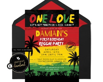 One Love Birthday Invitation, Reggae Invitation, Jamaican Theme, Jamaica Reggae Theme, Instant Download, Self Edit Digital Invite Templett