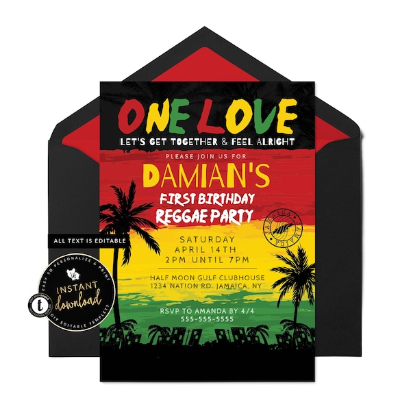 One Love Birthday Invitation, Reggae Invitation, Jamaican Theme, Jamaica Reggae Theme, Instant Download, Self Edit Digital Invite Templett