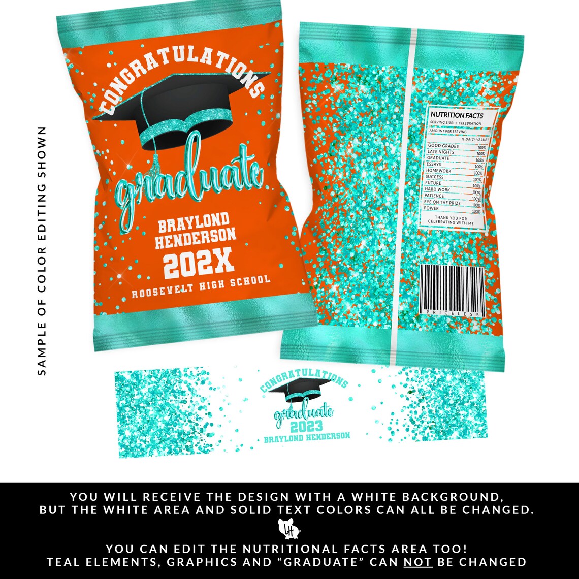 Teal Graduation Chip Bag, Graduation Water Label, Teal Graduation ...