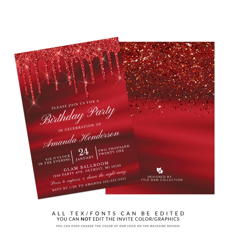 Dripping Red Invitation, Red Glitter Invitation, Glitter Drip Invitation, Red Birthday, Red Party Invitation, Red Birthday, Templett Invite image 3