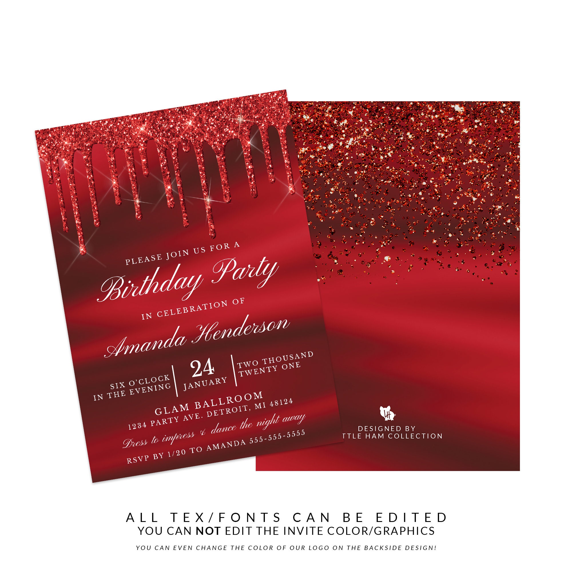 Dripping Red Invitation, Red Glitter Invitation, Glitter Drip ...