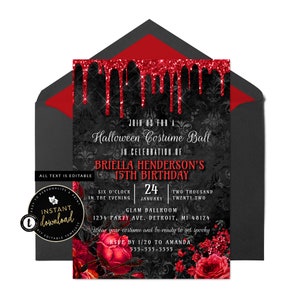 Halloween Costume Party Invitation, Black and Red Goth Invite, Black and Red Invitation, Halloween Costume Ball, Instant Templett Invite