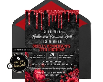 Halloween Costume Party Invitation, Black and Red Goth Invite, Black and Red Invitation, Halloween Costume Ball, Instant Templett Invite