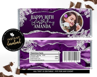 Purple and Silver Candy Bar Label, Purple Agate Candy Cover, Purple and Silver Birthday, Agate Birthday, Instant Download Digital Templett