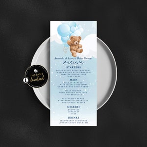 Teddy Bear Baby Shower Menu Card, Blue Teddy Bear Menu, We can Bearly Wait, Menu Card for Baby Shower, Baby Shower Food Menu, Menu Templett