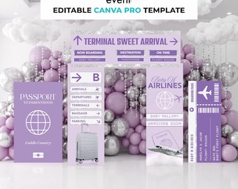 Purple Airline Party Decor Bundle, Airplane Party, Airplane Baby Shower, Printable Party Decor, Printable Canva Pro Template