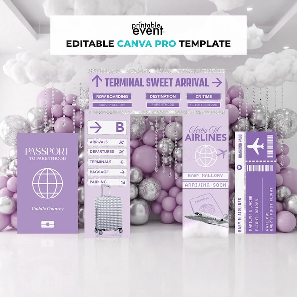 Purple Airline Party Decor Bundle, Airplane Party, Airplane Baby Shower, Printable Party Decor, Printable Canva Pro Template