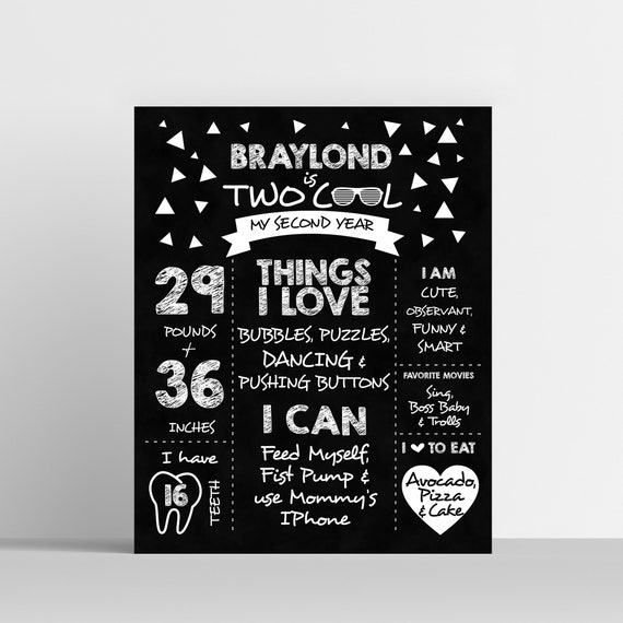 Two Cool Birthday Stats Board, Milestone Poster, 2nd Birthday Poster, Birthday Stats Poster, Printable Birthday Chalkboard, Two Cool