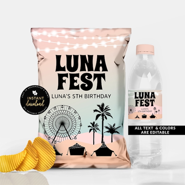 Festival Chip Bag, Festival Water Label, Music Festival Printable, Tropical Festival, Birthday Chip Bag, Editable Download Digital Templett