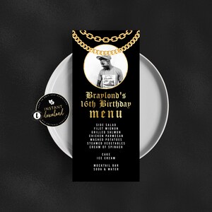 Hiphopmenu met foto, menukaart gouden ketting, gouden ketting verjaardag, hiphopfeest, hiphop-verjaardagsmenukaart, instant download, menu Templett