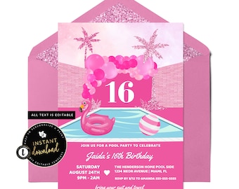 Pink Pool Party Invitation, Pool Party Invite, Luau Invitation, Summer Birthday, Birthday Pool Party, Instant Download, Templett Invite