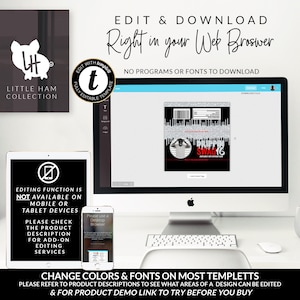 May include: A computer monitor displays a template for a birthday invitation with the text "SWAG 16". The image includes a tablet and smartphone, with text indicating editing is not available on mobile devices. The Little Ham Collection logo is in the upper left.
