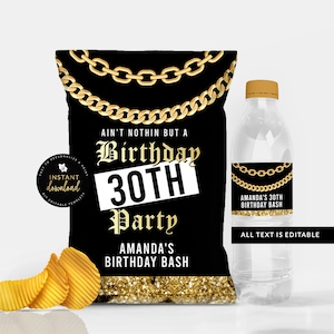 Hip Hop Chip Tasche, Hip Hop Wasseretikett, Hip Hop Goldkette Geburtstagspaket, Hip Hop Party Printables, Goldkette, bearbeitbarer Download, Templett