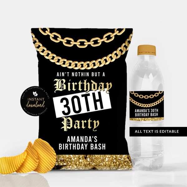 Hip Hop Chip Bag, Hip Hop Water Label, Hip Hop Gold Chain Birthday Bundle, Hip Hop Party Printables, Gold Chain, Editable Download, Templett