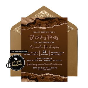 Brown Agate Invitation, Neutral Agate Invitation, Brown and Bronze Invite, Brown Birthday Invite, Baby Shower Invite, Editable Templett